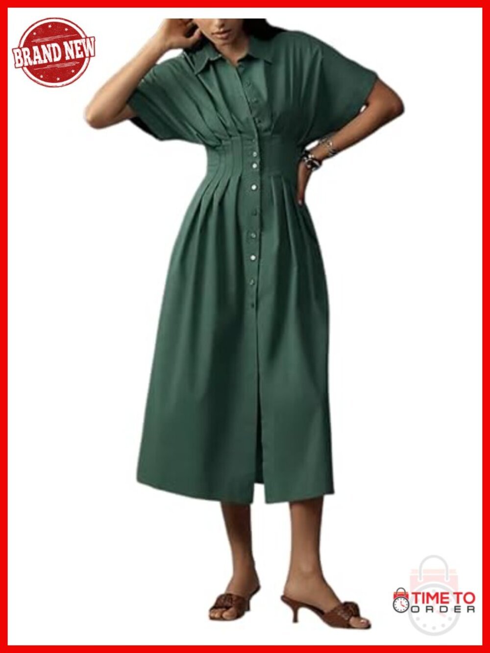 Short Sleeve Button Down Loose Pleated Maxi Sundress with Pockets